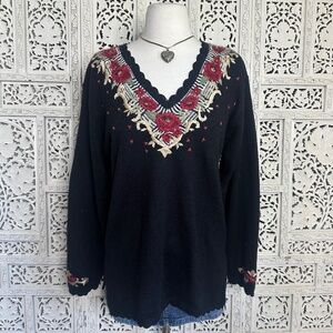 Vintage Jantzen Classics Embroidered Floral Grannycore V Neck Sweater Sz Large